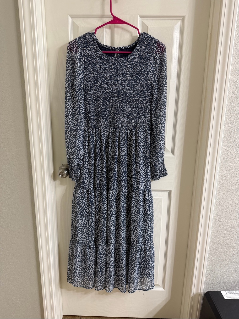 Blue & white smocked tiered Midi dress